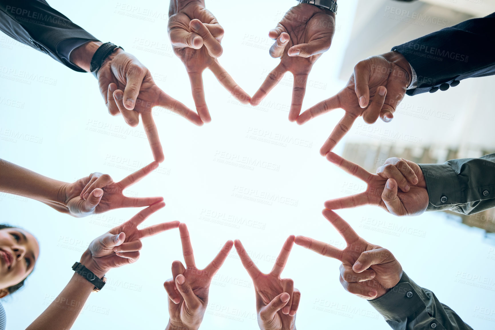 Buy stock photo Star, teamwork or hands of business people for support or peace with diversity or community collaboration. Blue sky, low angle or group with solidarity, trust or hand gesture sign together outdoors