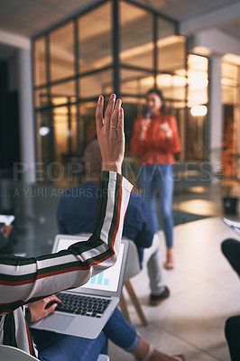 Buy stock photo Shot of an unrecognizable businessperson raising their hand during a conference at work