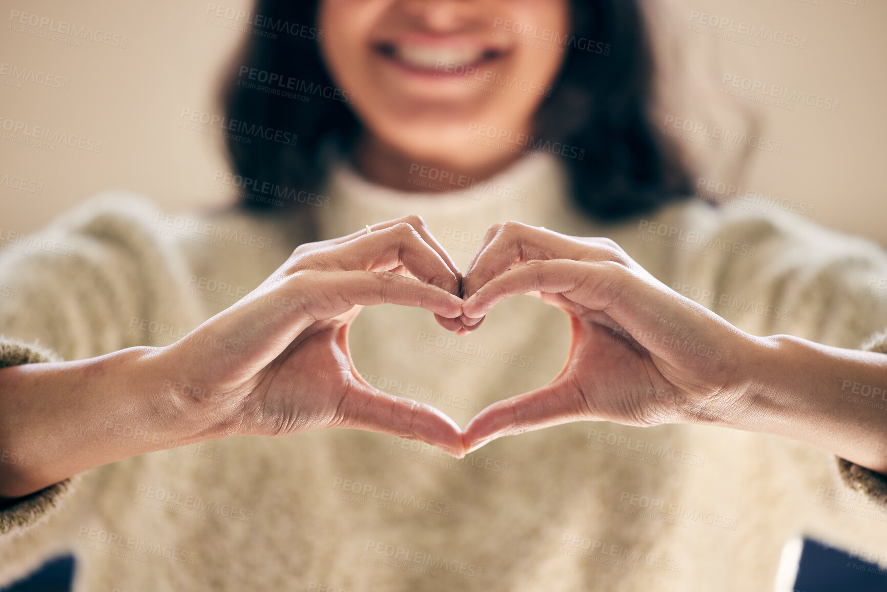 Buy stock photo Woman, hands and heart emoji with smile for care, support and appreciation for peace and kindness. Female person, love gesture and positive with empathy, emotion and hope for faith and motivation