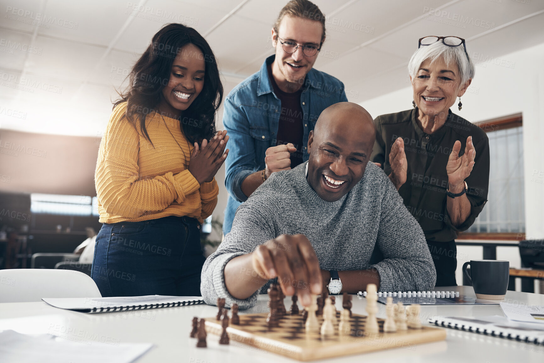 Buy stock photo Businessman, team and playing chess in office with support, applause and cheering for checkmate move. Collaboration, employees and excited for boardgame at workplace for problem solving and solution