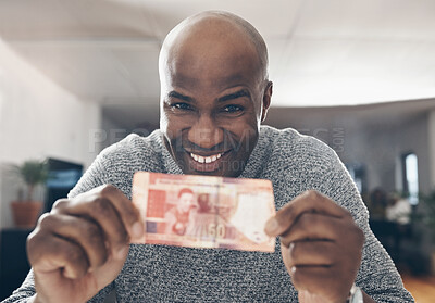 Buy stock photo Closeup shot of a businessman holding up a bank note