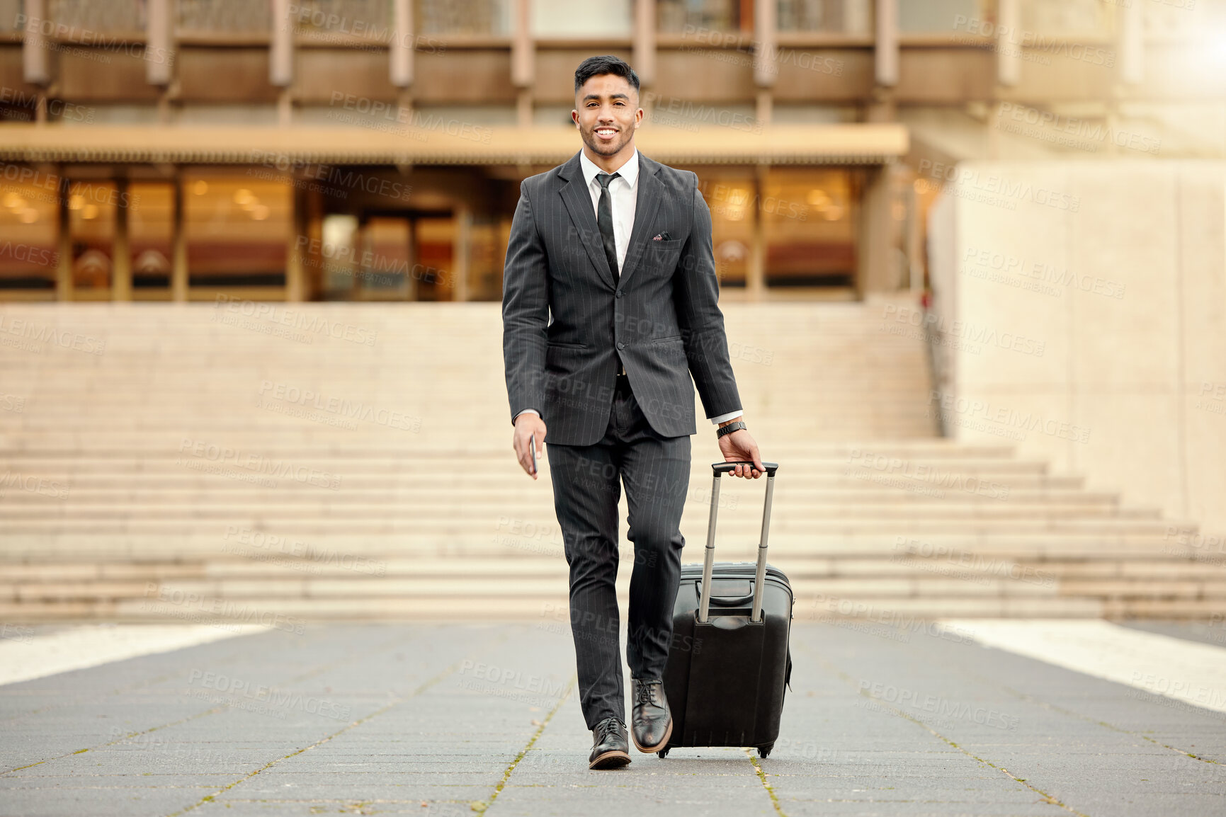 Buy stock photo City, travel and portrait of businessman with suitcase for legal career, journey and work trip. Happy, lawyer and man with luggage for company flight, business commute and opportunity at law firm