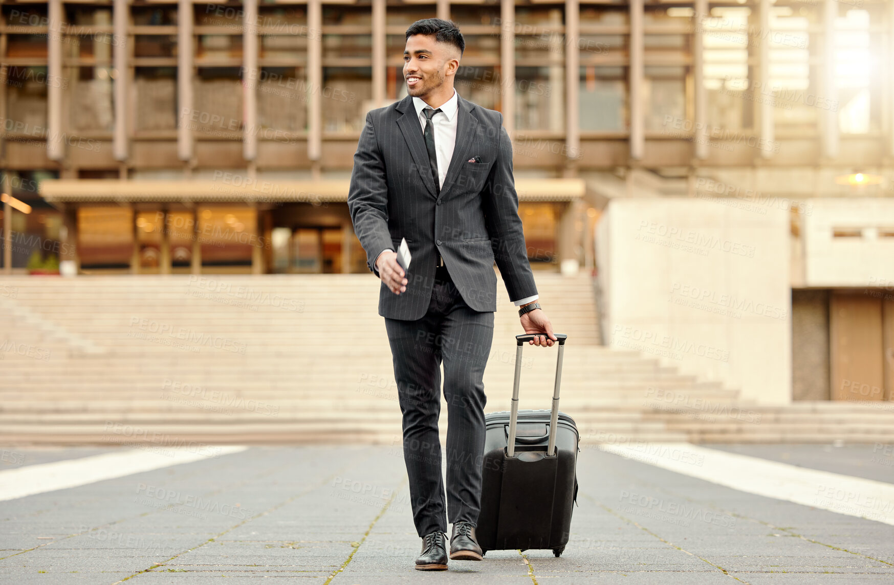Buy stock photo City, travel and suitcase of businessman with smile for legal career, commute or work trip at law firm. Happy, lawyer and man with luggage for company flight, business journey or pride in opportunity