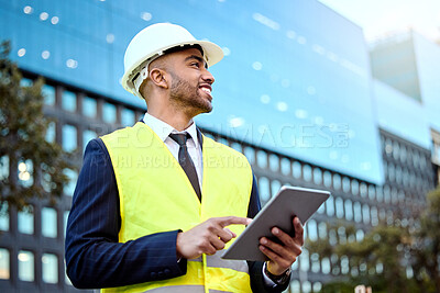 Buy stock photo Thinking, tablet and a man construction worker in the city for planning, building or architectural design. Idea, technology and a male architect online in an urban town during the creative process