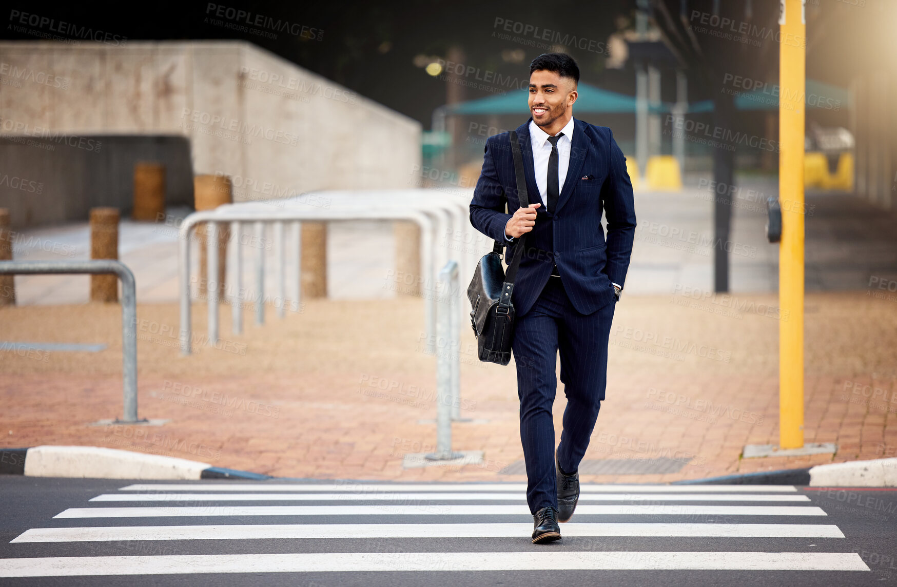 Buy stock photo Businessman, walking and commute with city, bag and work for travel in street with smile. African lawyer, confidence and excited for new job or career at workplace in urban town with opportunity
