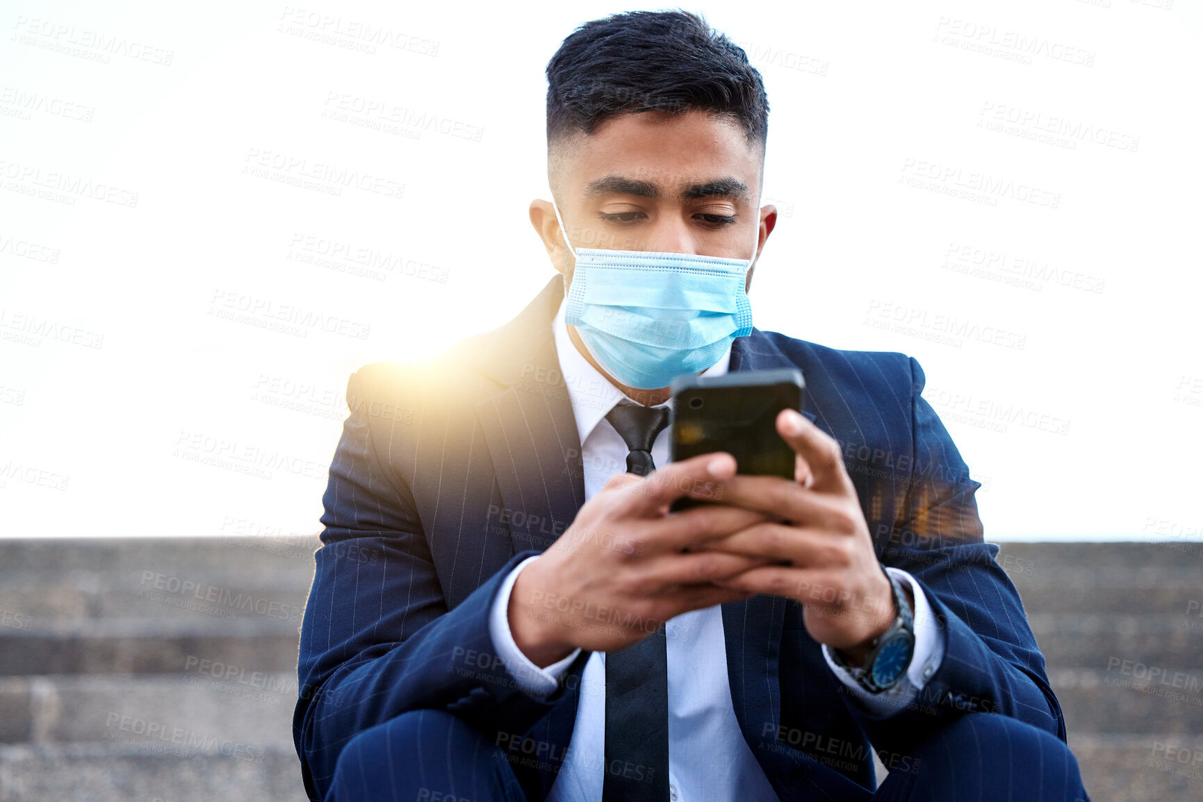 Buy stock photo Stairs, phone and business man with mask for virus, infection and illness protection outside. Law firm, building steps and lawyer with face cover or mobile for networking, chat and connection