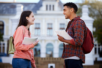 Buy stock photo Friend, students and conversation on campus, university and discussion for test or assignment. Book, paperwork and communication with man and female person, learning and scholar for school and study