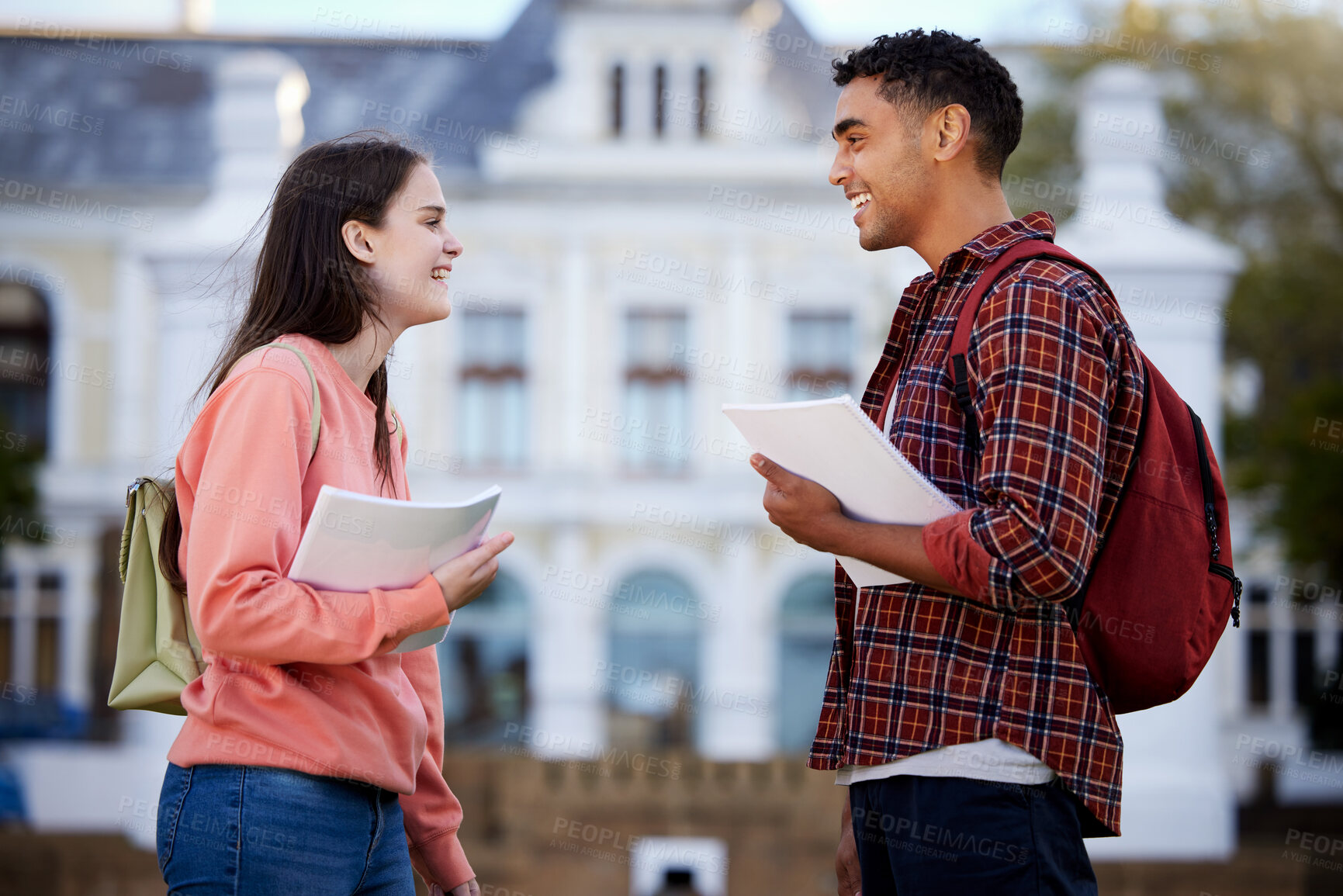 Buy stock photo Friend, students and conversation on campus, university and discussion for test or assignment. Book, paperwork and communication with man and female person, learning and scholar for school and study