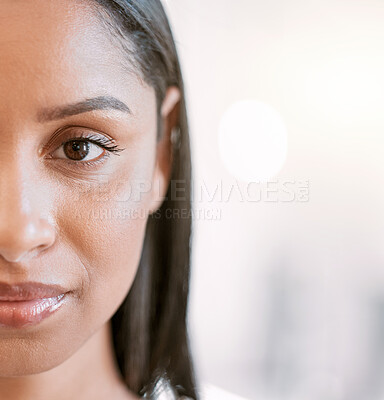 Buy stock photo Woman, skincare and half portrait on blurred background for natural makeup, wellness and dermatology results with bokeh. Beauty, face and girl model with cosmetic shine, glowing skin or confidence