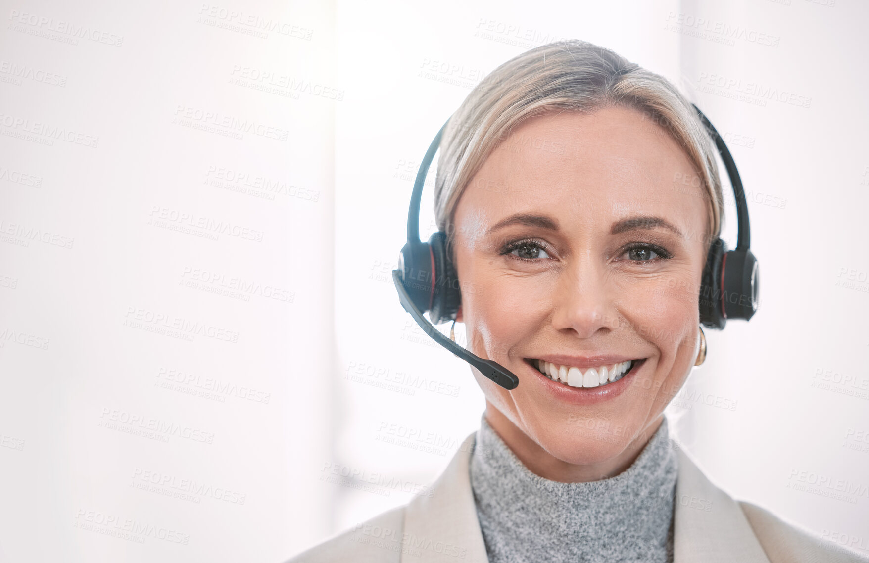 Buy stock photo Call center, portrait and happy woman in office consulting for crm, faq or contact us with customer support. Telemarketing, face and lead generation consultant with virtual, help and b2b networking