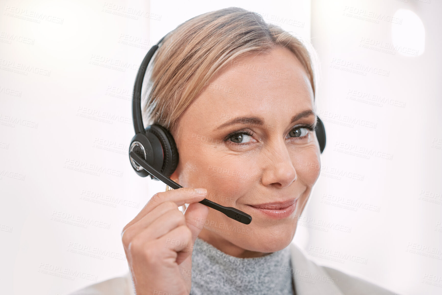 Buy stock photo Call center, portrait and woman in office consulting for crm, faq or contact us with customer support. Telemarketing, face or friendly lead generation consultant with virtual, help and b2b networking