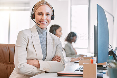 Buy stock photo Call center, portrait and woman in office, smile and friendly for customer service, headset and tech support. Team, working and b2b for telemarketing, help and consulting for company, person or agent