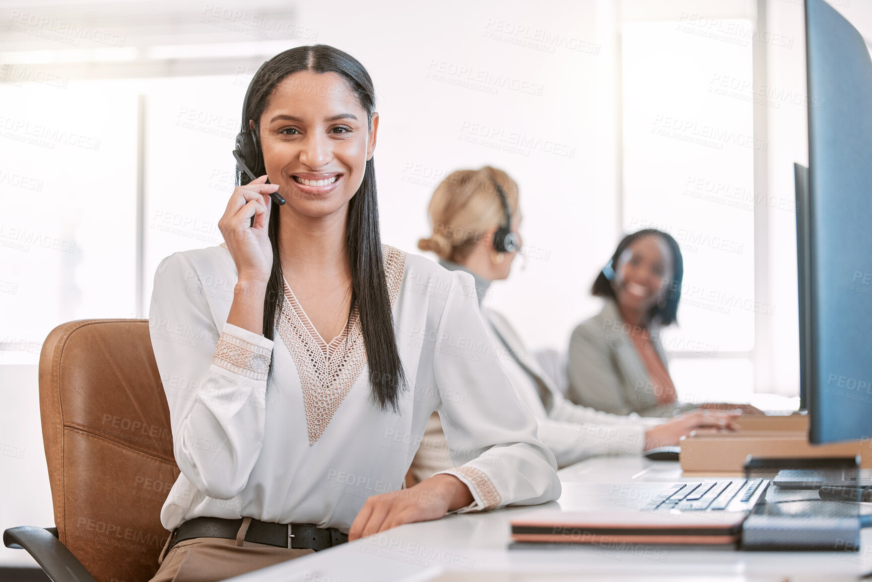 Buy stock photo Call center, portrait and headset of woman, smile and friendly for customer service, team and tech support. Office, working and b2b for telemarketing, help and consulting for company, people or agent