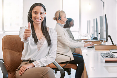 Buy stock photo Call center, thumbs up and woman in office, portrait and friendly for customer service, team and tech support. Headset, working and b2b for telemarketing, help and consulting for company and agent