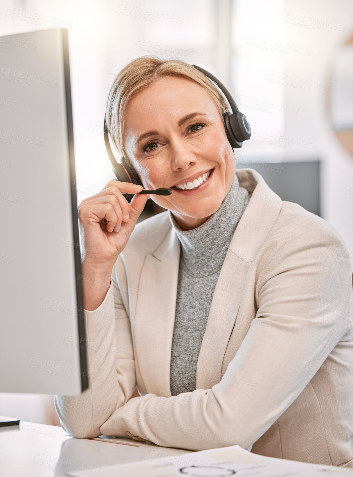Buy stock photo Call center, portrait and headset of woman, help and friendly for customer service, talk and tech support. Office, working and b2b for telemarketing, smile and consulting for company, person or agent