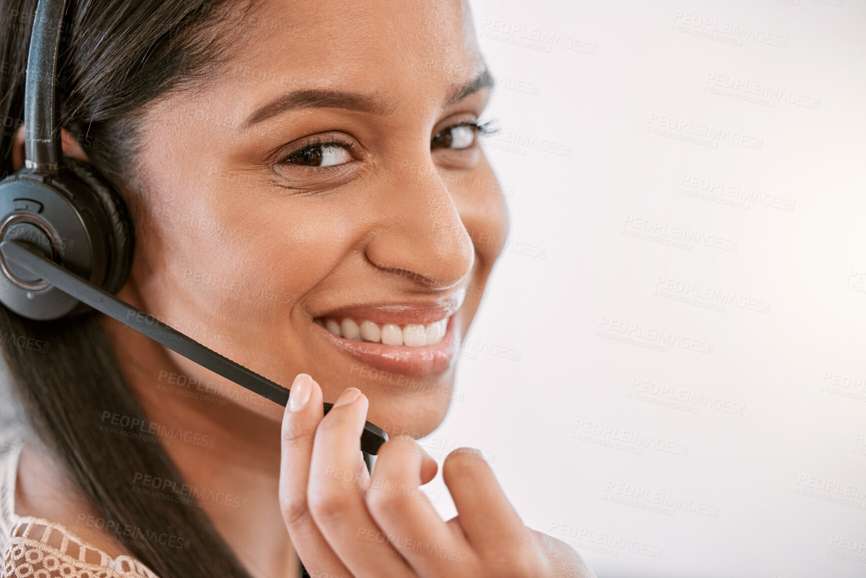 Buy stock photo Portrait, call center and happy woman on mic for customer service, support or help on mockup space closeup. Face, telemarketing consultant and sales agent listening for crm or contact us in Brazil