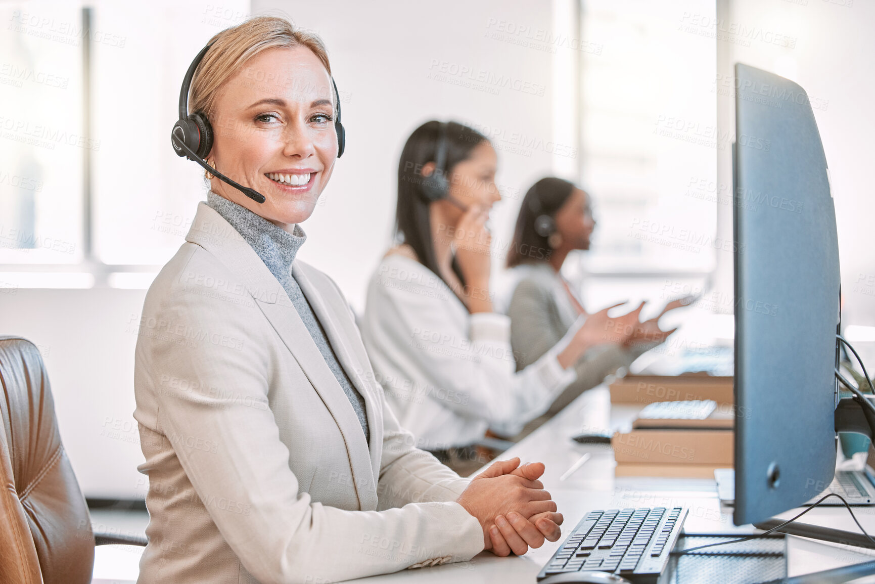 Buy stock photo Call center, portrait and telemarketing of woman, smile and friendly for customer service, headset and tech support. Office, working and b2b for help,  consulting and person in company with team