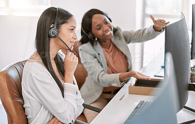 Buy stock photo Call center, training and women at computer with manager in discussion at help desk with advice from team leader. Learning, planning and black woman mentor coaching staff in customer service agency.