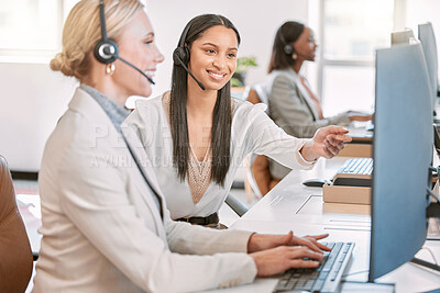 Buy stock photo Call center, training and woman at desk with computer, manager and discussion at help desk with advice from leader. Learning, planning and help, crm agent and mentor in customer service for support.