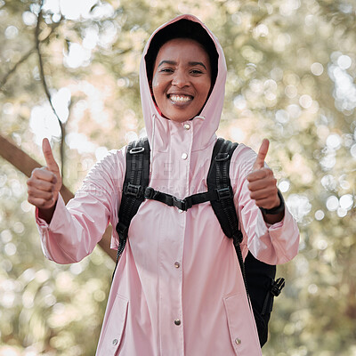 Buy stock photo Black woman, portrait smile and hiking with thumbs up for success, winning or achievement in nature. Happy African female person or hiker smiling and showing thumb emoji, yes sign or like in trekking