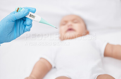 Buy stock photo .Shot of a unrecognizable doctor taking a babys temperature