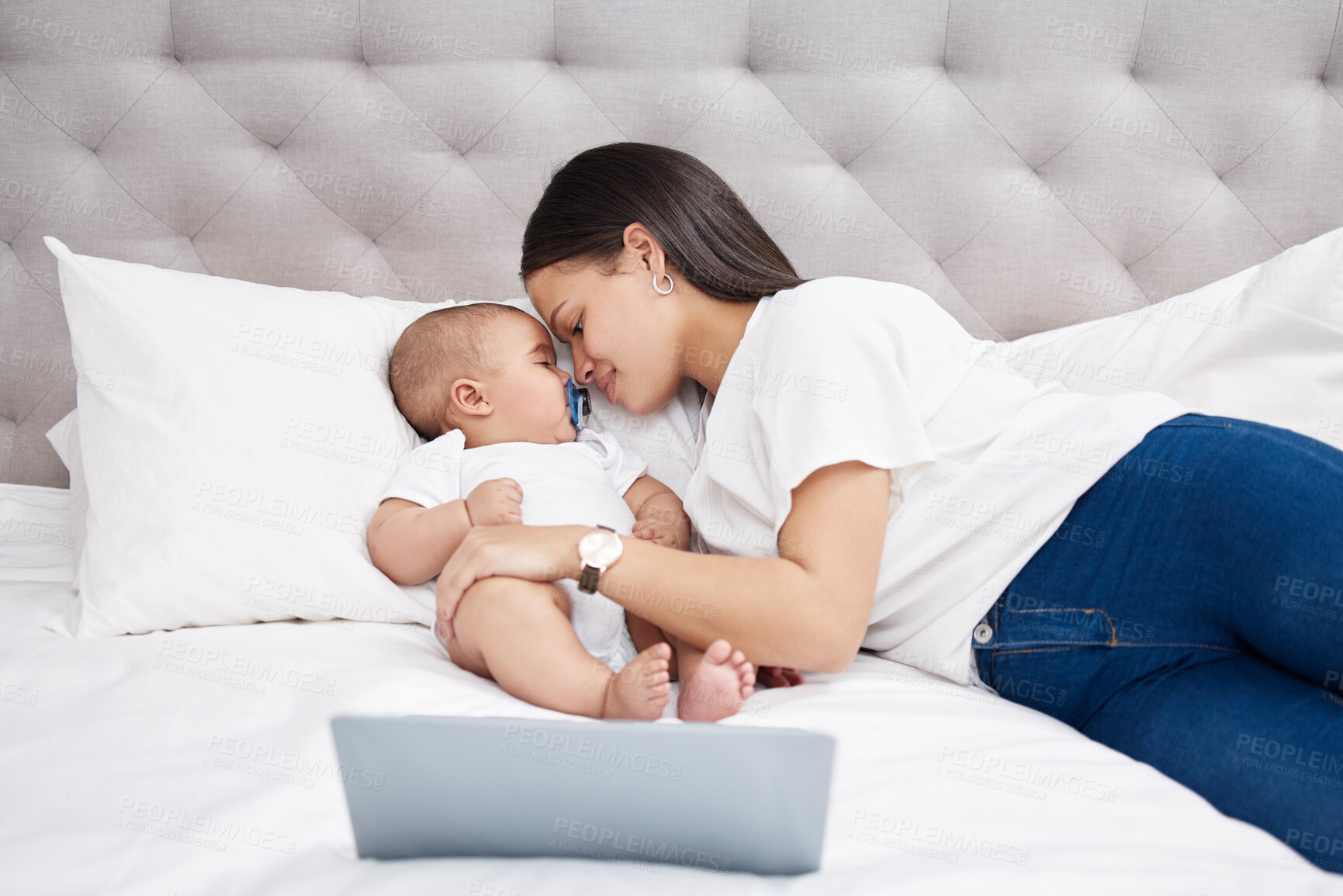 Buy stock photo Mother, baby and bed in home for relax, laptop and series for educational learning show. Infant, newborn and female person for motherhood and childhood development, bedroom and love with affection

