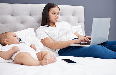 Buy stock photo Mother, baby and bed in home for laptop, website and meeting and healthcare. Infant, newborn and female person for motherhood and childhood development, bedroom and online consultation with doctor