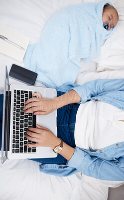 Buy stock photo Shot of a mother using her laptop while her baby sleeps on the bed