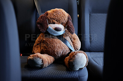 Buy stock photo Shot of a teddy bear on a car seat in a car
