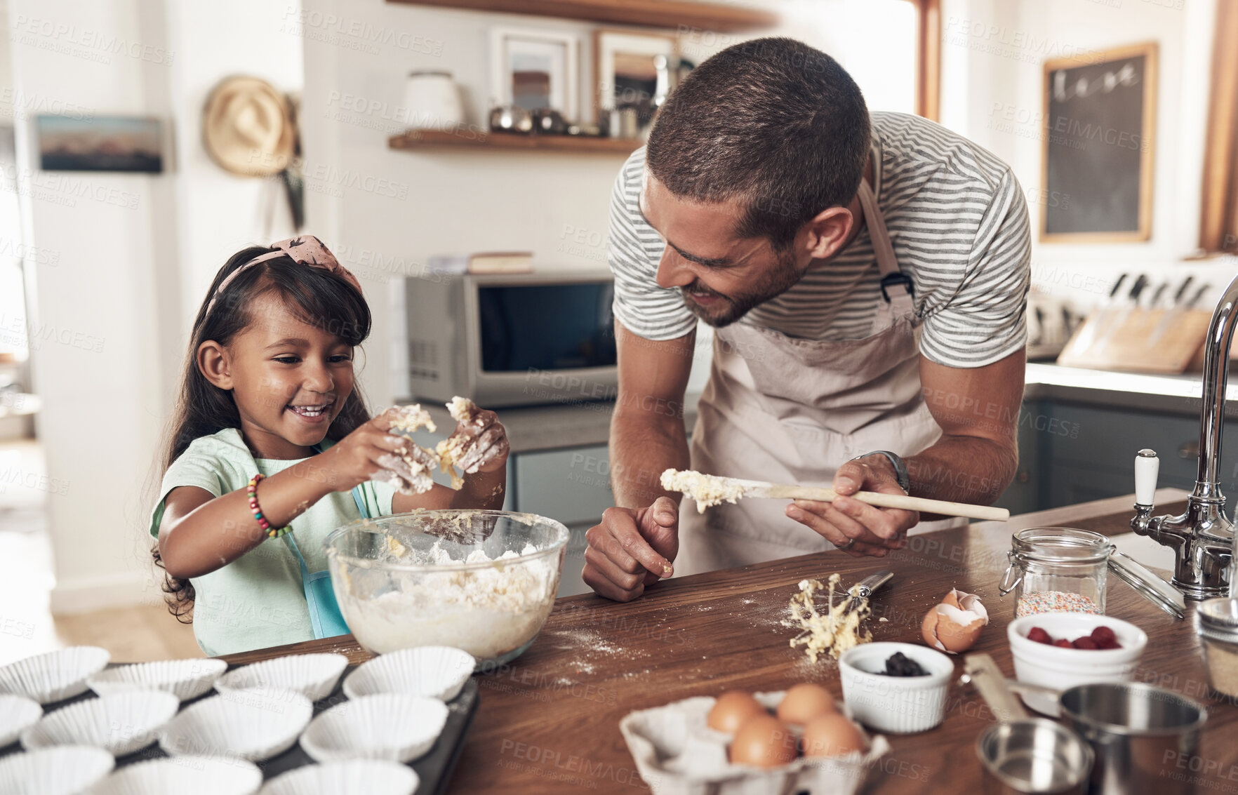 Buy stock photo Male person, kid and learning with baking, skill or cooking for nutrition, education and growth. Father, child and teaching in youth development, support and bonding on kitchen counter in family home