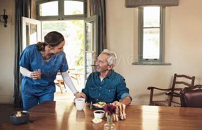 Buy stock photo Senior man, nurse and breakfast with check, talking and happy with food, nutrition and care in nursing home. Retirement, assisted living or helping hand from woman in house with conversation for diet