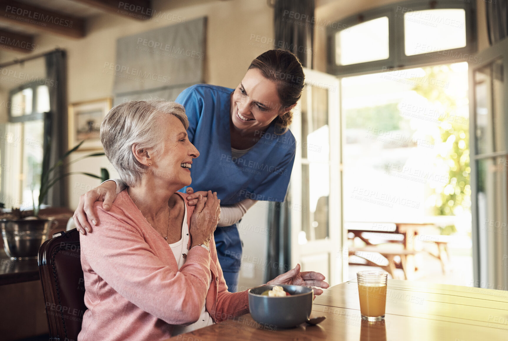 Buy stock photo Food, helping and nurse with senior woman in assisted living facility with healthy breakfast for nutrition. Happy, talk and caregiver with elderly female patient for morning meal in retirement home.