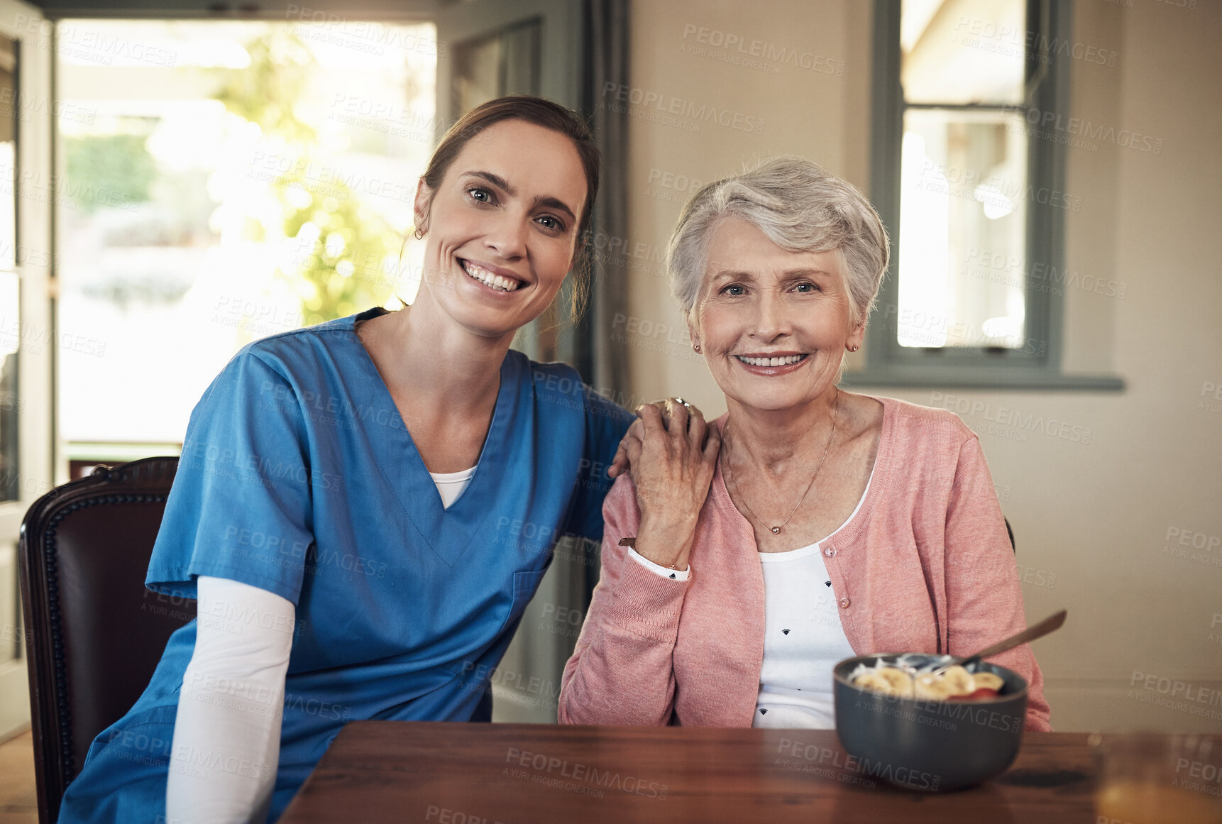 Buy stock photo Portrait, holding hands and senior woman with nurse, help and assistance with happiness, bonding together and joy. House, pensioner or medical with caregiver, rehabilitation and recovery with support