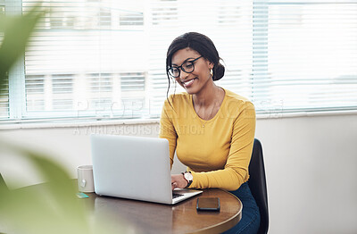 Buy stock photo Laptop, office and happy woman with online planning, website research and management software for remote work. Creative business, working and african person on computer at table for home project
