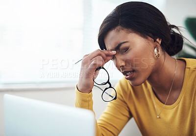 Buy stock photo Pain, headache and business woman on laptop for stress, mental health problem and burnout or tired. Depression, anxiety and fatigue african person with glasses, migraine and brain fog on her computer
