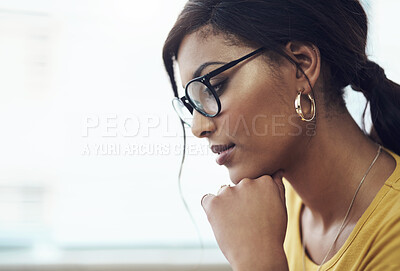 Buy stock photo Thinking, idea and face of business woman in office for problem solving, company insight and solution. Professional, startup and person thoughtful for planning, brainstorming and decision at work