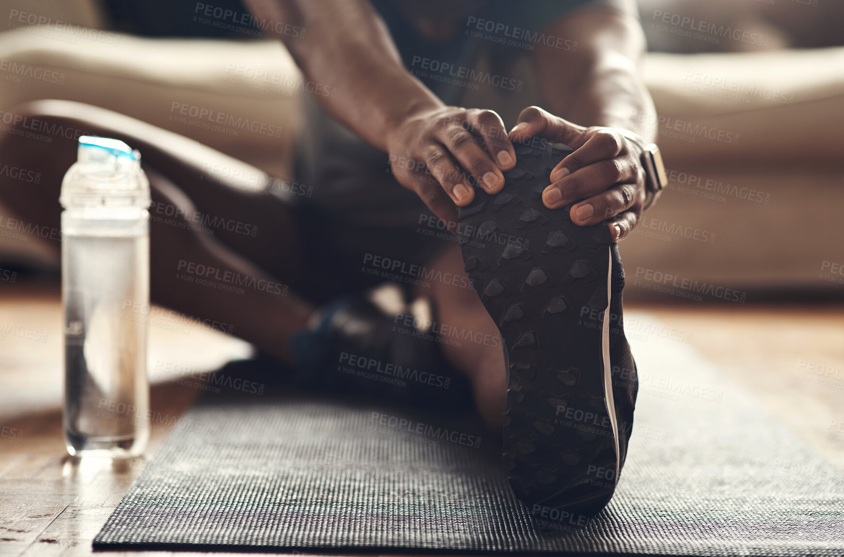 Buy stock photo Man, hands or stretching with leg on mat for fitness, workout or exercise on floor at home. Closeup, male person or foot in warm up, preparation or getting ready for yoga training or pilates at house