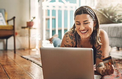 Buy stock photo Laptop, credit card and woman on floor in online shopping, e commerce and fintech, home payment or finance. Happy person relax on carpet, banking or website sale, discount or subscription on computer