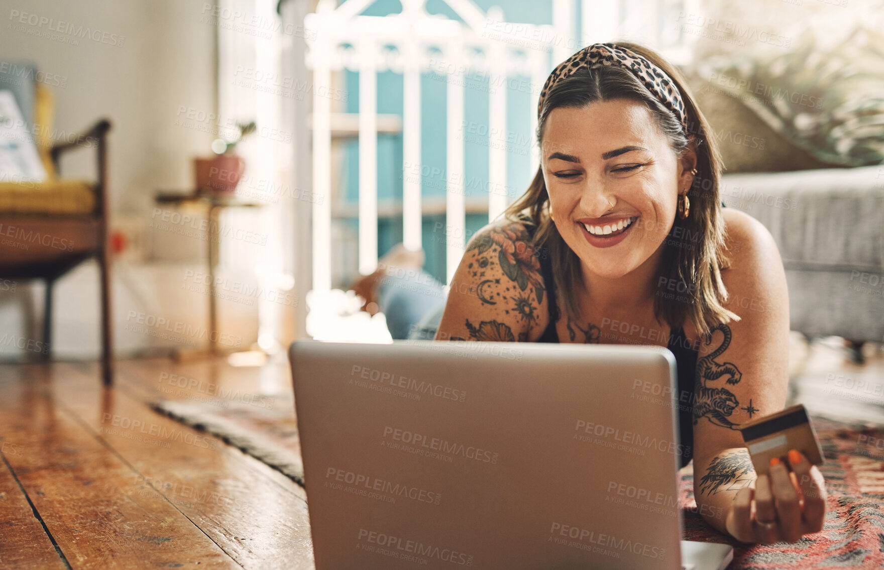 Buy stock photo Laptop, credit card and woman on floor in online shopping, e commerce and fintech, home payment or finance. Happy person relax on carpet, banking or website sale, discount or subscription on computer