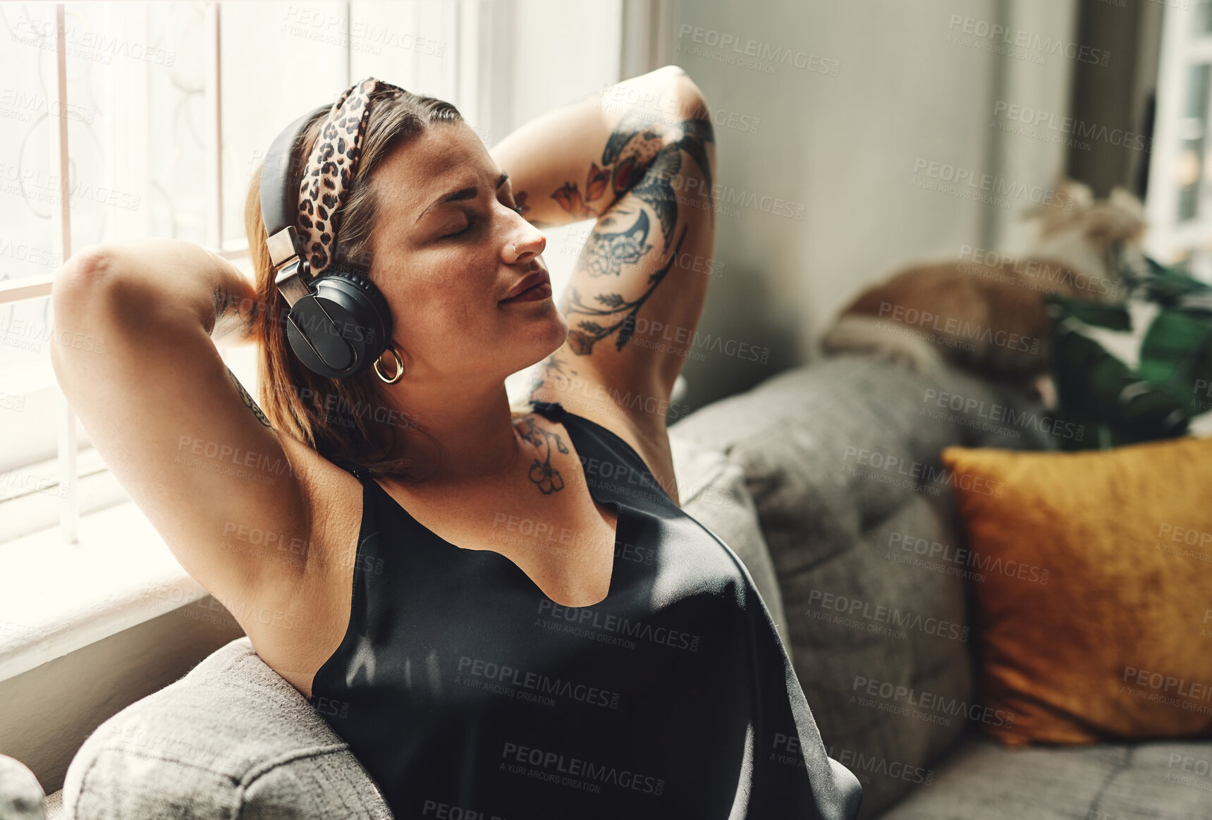 Buy stock photo Relax, music headphones and zen woman in home for meditation subscription in lounge to chill. Subconscious program, podcast and calm person resting on couch for peace, streaming radio and wellness