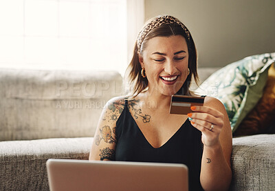 Buy stock photo Credit card, happy woman and home, computer and online shopping, ecommerce or fintech application, loan or finance. Person on laptop, website payment or internet banking with security pin or numbers