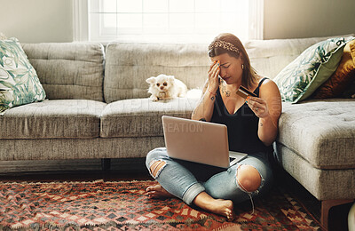 Buy stock photo Laptop, credit card and woman stress, anxiety or depression for home loan, payment debt or fintech problem on floor. Headache, sad and depressed person with dog on computer, banking scam or mistake