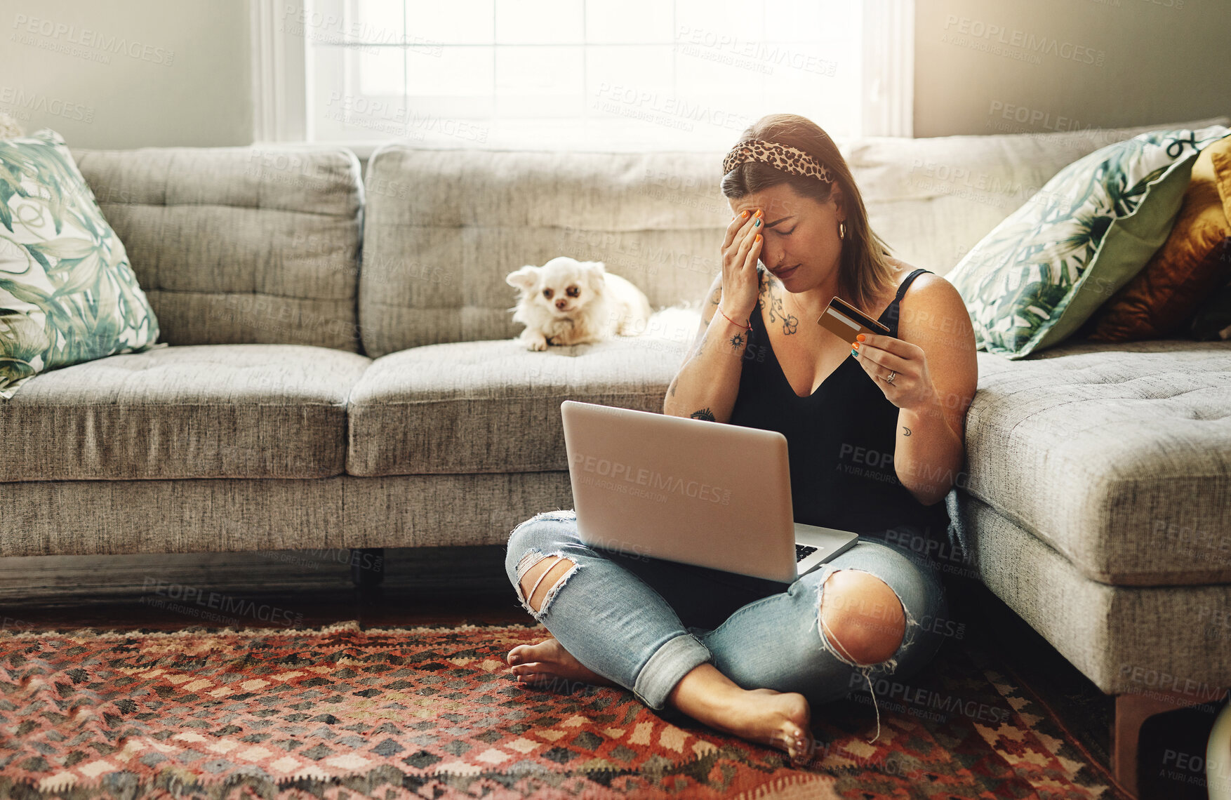 Buy stock photo Laptop, credit card and woman stress, anxiety or depression for home loan, payment debt or fintech problem on floor. Headache, sad and depressed person with dog on computer, banking scam or mistake