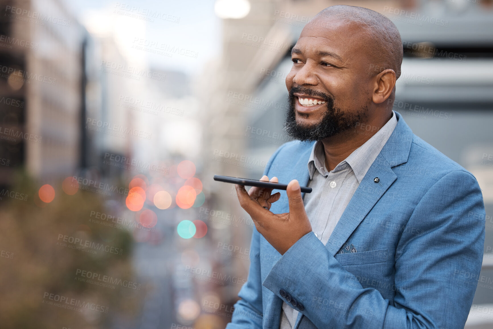 Buy stock photo Phone call, outdoor and business with black man, loudspeaker and communication with financial advisor. African person, recording and consultant with smartphone, conversation and chatting with app