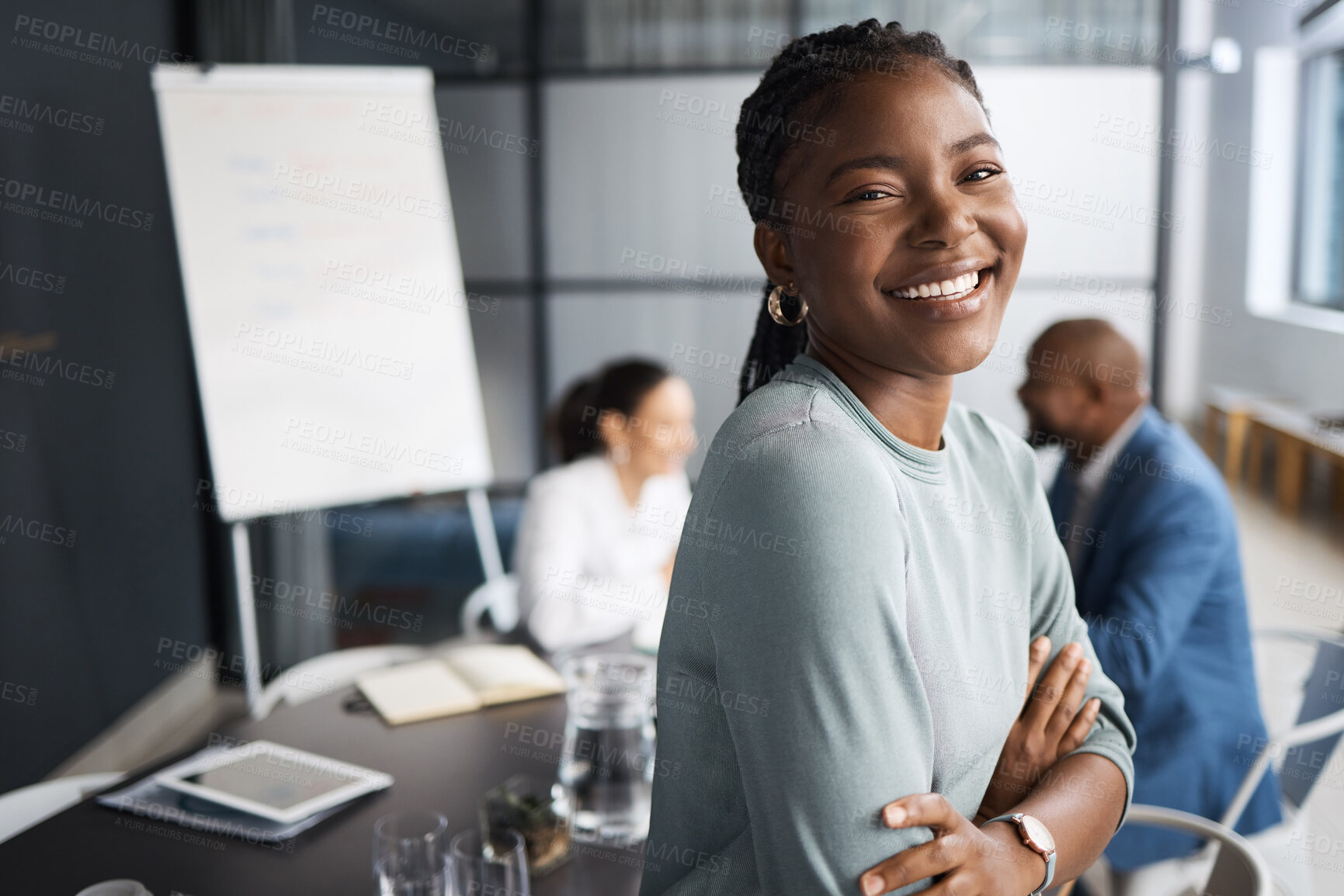 Buy stock photo Portrait, business people and woman with smile, arms crossed and sales agency with teamwork. Employees, group or person in boardroom, planning or consultant with pride, cooperation or career ambition