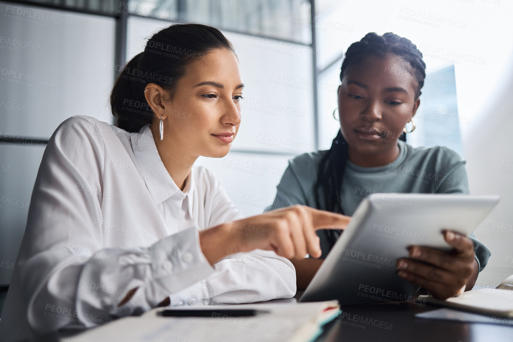 Buy stock photo Shot of two businesswomen working together on a digital tablet in an office