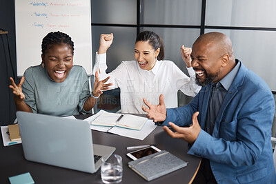 Buy stock photo Architect, people and celebration in office with laptop, good news and email for building plan approval. Man, women and happy with cheers, success and winning bid for property development contract