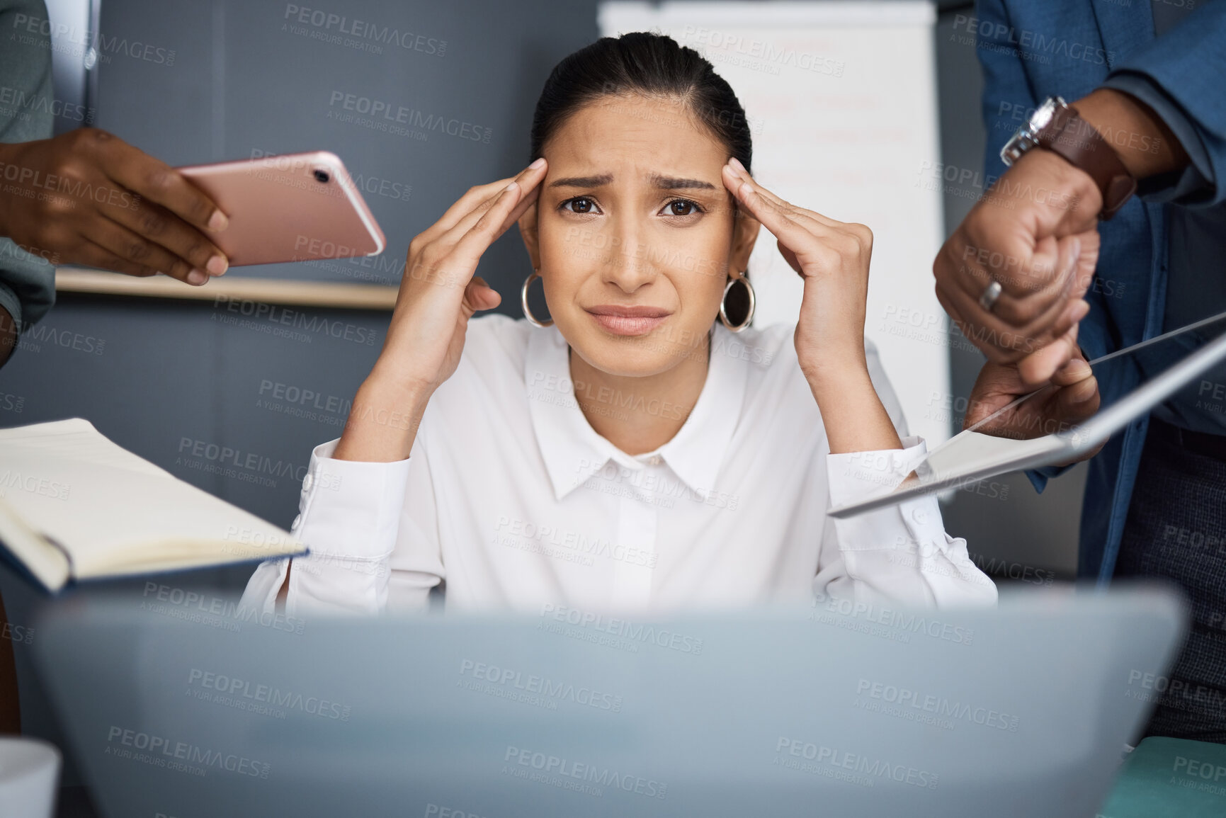 Buy stock photo Stress, multitasking and portrait of businesswoman with laptop in office with documents for approval for team. Burnout, chaos and public relations officer with employees for deadline with paperwork.