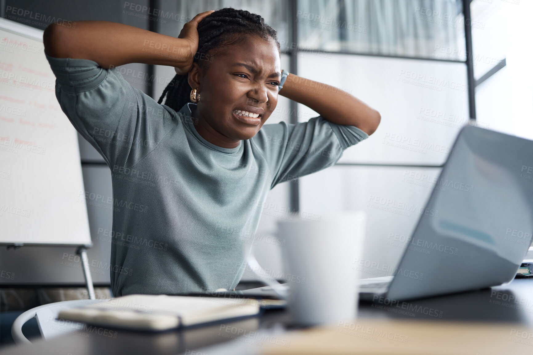 Buy stock photo Black woman, laptop and frustrated with stress in office with anxiety, email or rejection letter for architecture deal. Person, computer and anger with crisis for news at property development agency