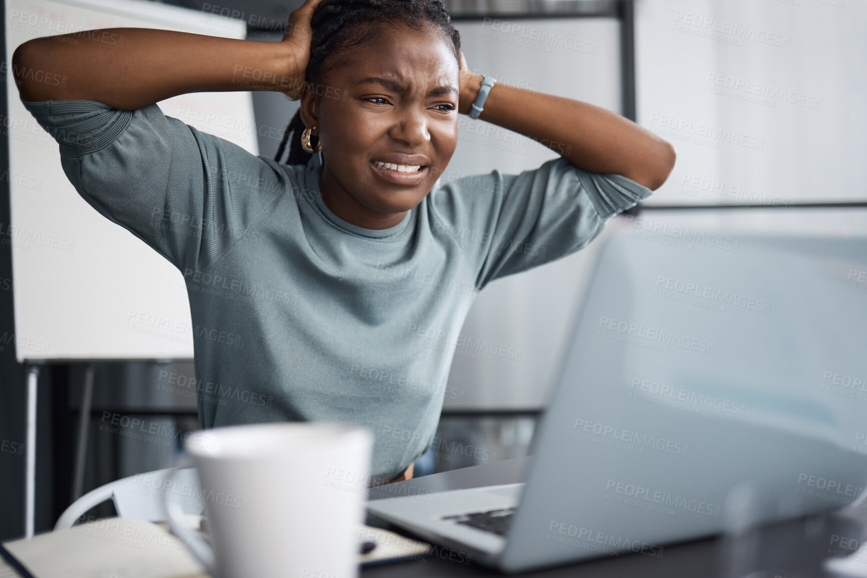 Buy stock photo Black woman, laptop and frustrated with mistake in office with anxiety, email or rejection letter for architecture deal. Person, computer and anger with crisis, stress or bad news at property agency